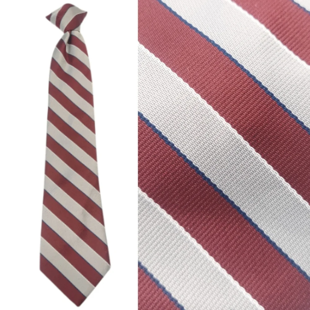 CLIP ON Burgundy and Gray with Blue & White Stripe Tie